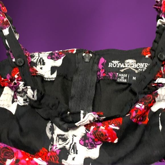 WhimsyGoth Dress Royal Bones by Daang Skull Print Sz Medium Black Chiffon - Picture 9 of 16